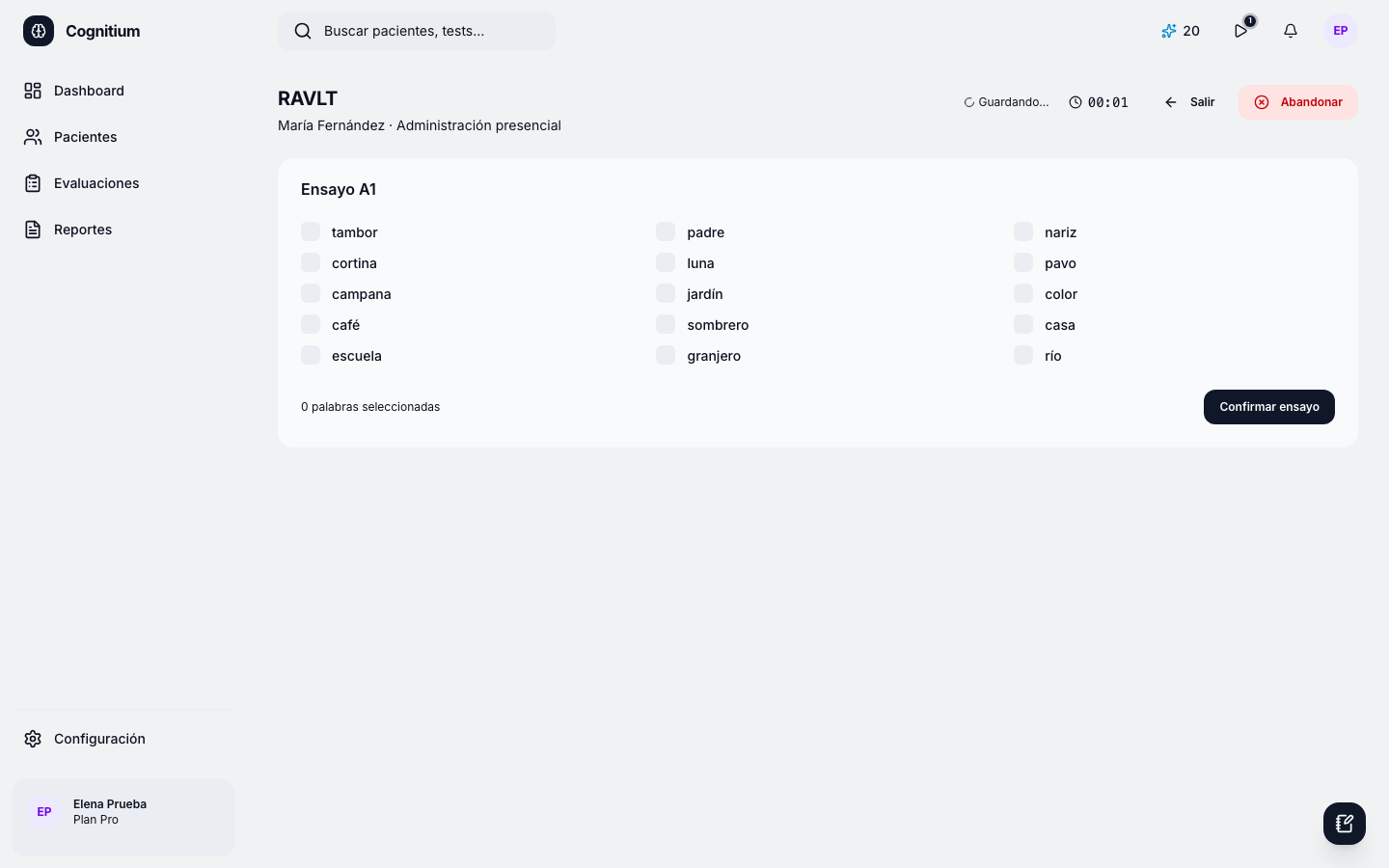 Administración de RAVLT en Cognitium